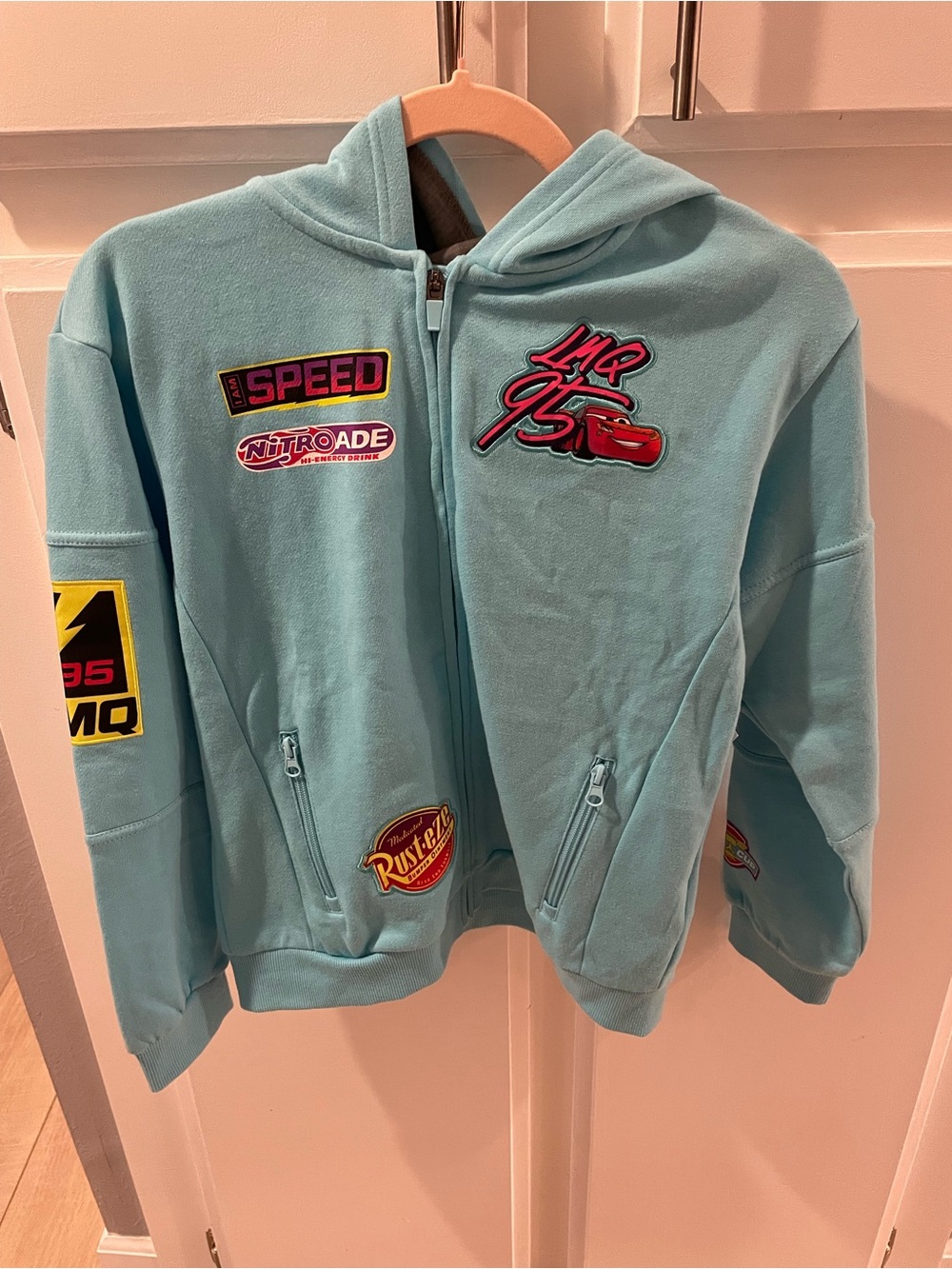Disney Lightning McQueen, Kid’s Zip Hoodie with Racing Patches, size 11/12